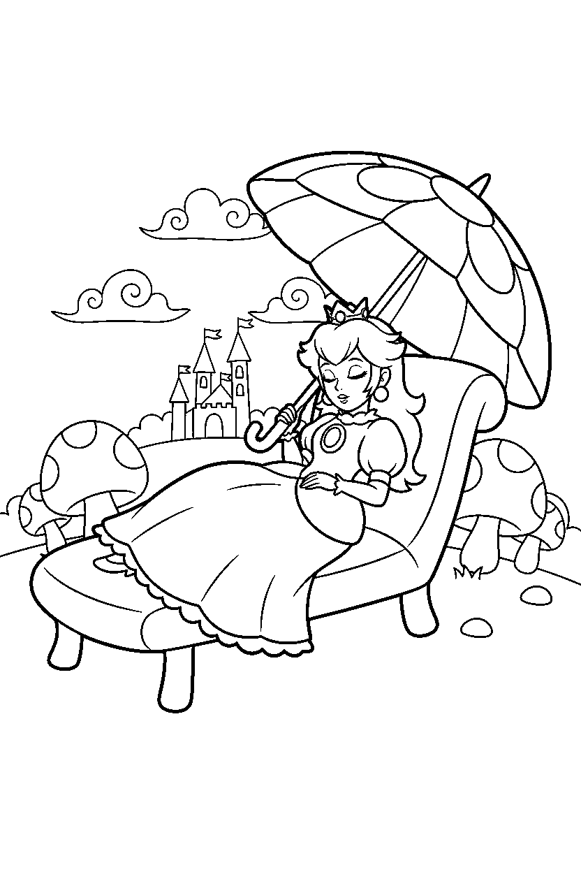 mario princess peach relaxing peacefully in a fantasy land line art