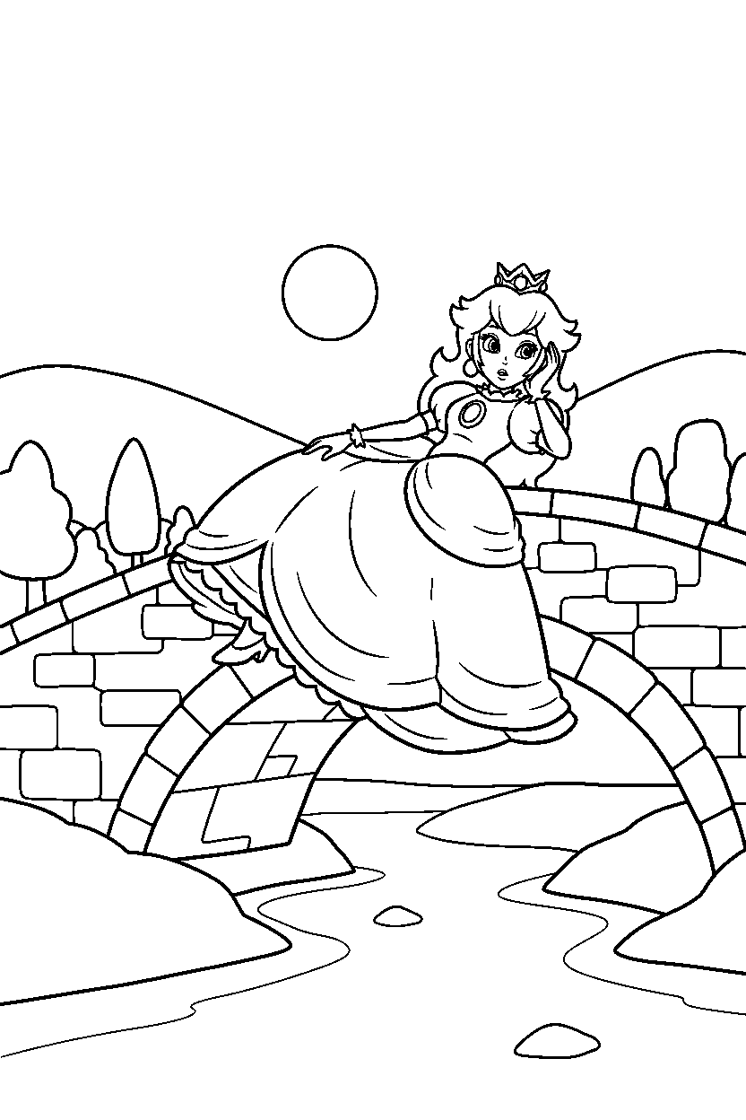 mario princess peach resting on bridge line art