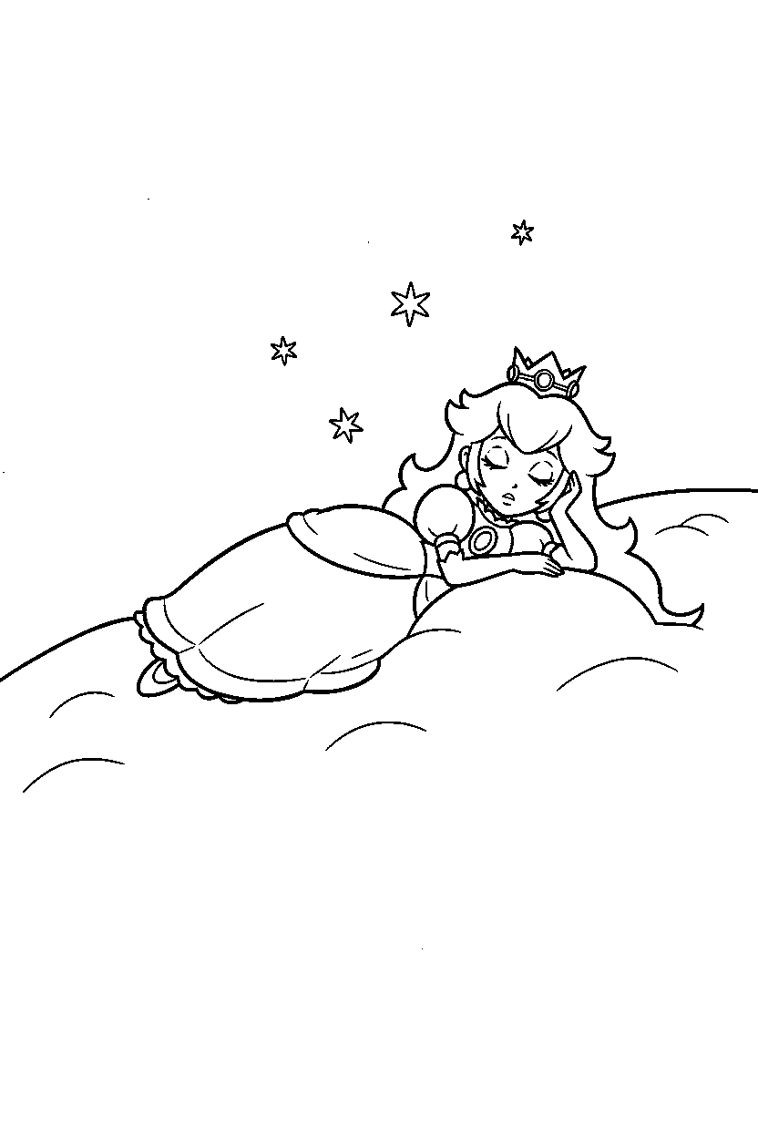 mario princess peach resting on snowy hill line art