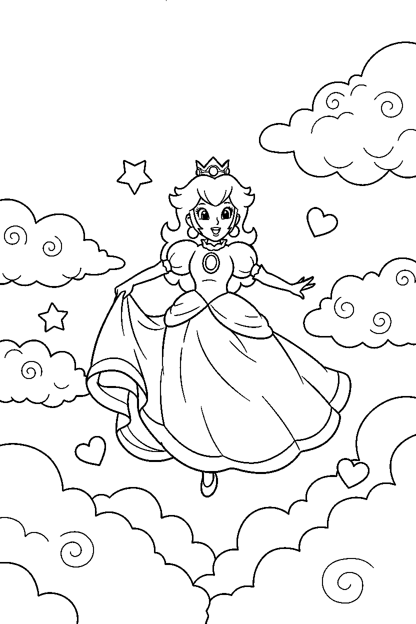 mario princess peach running happily in a cloud world line art