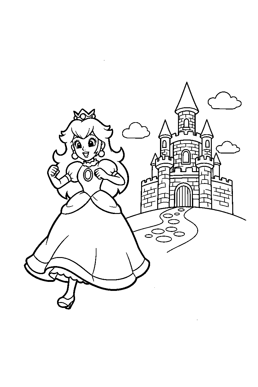 mario princess peach running happily near a castle line art