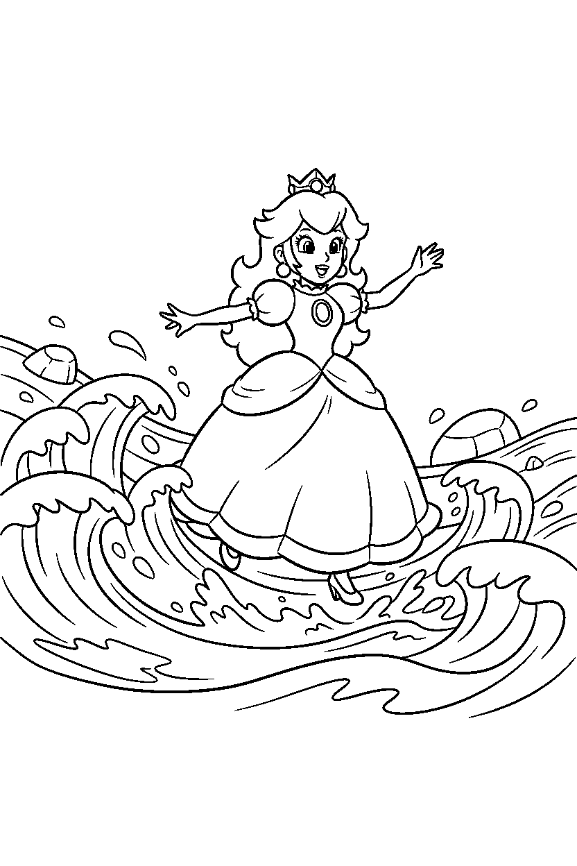 mario princess peach running in ocean line art