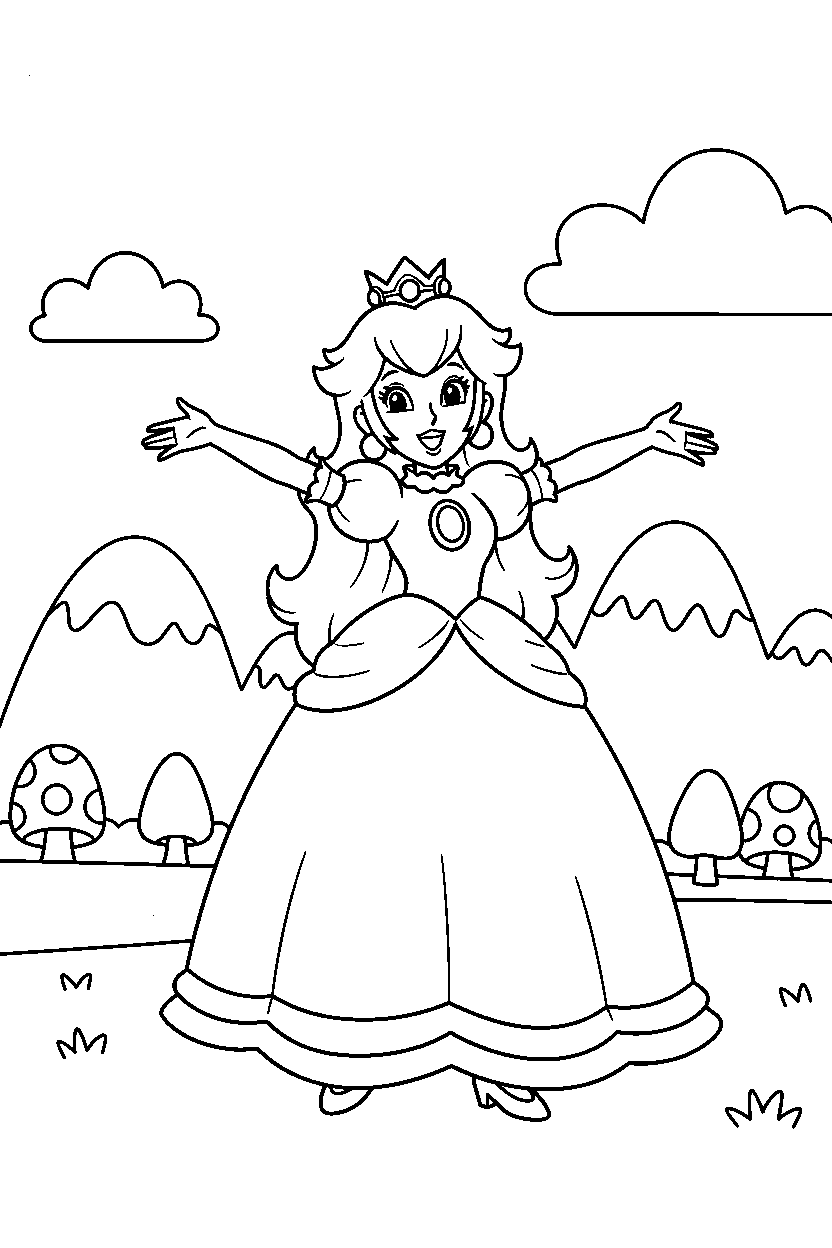 mario princess peach smiling happily in a bright adventure land line art