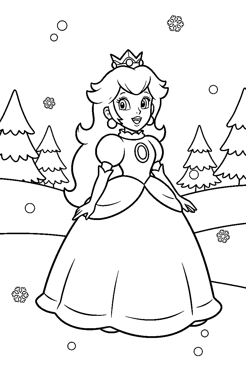 mario princess peach smiling happily in a snowy level line art