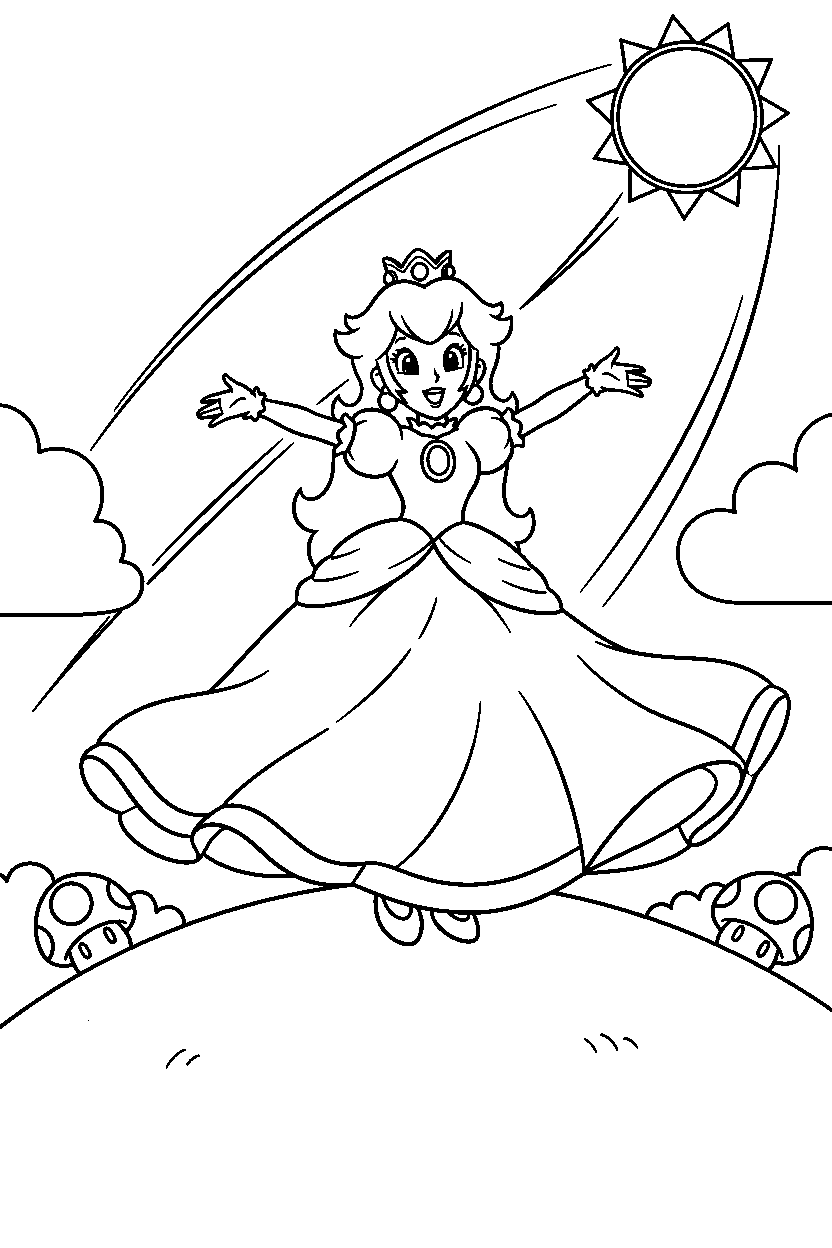 mario princess peach spinning happily on a sunny hill line art