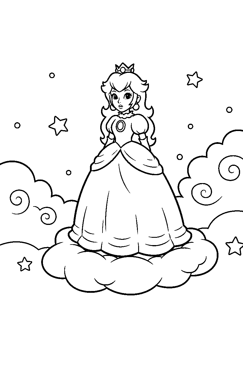 mario princess peach standing calmly on cloud line art