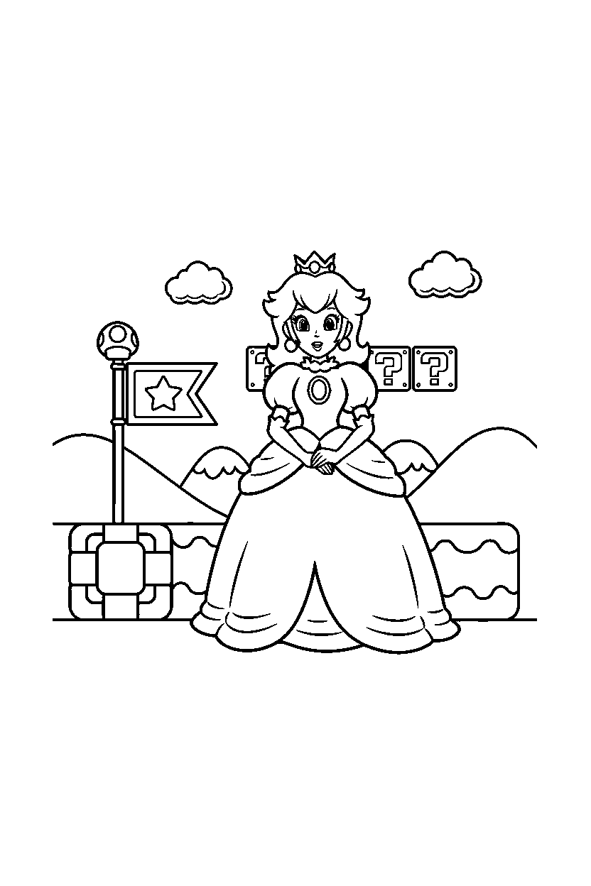 mario princess peach standing in start area line art
