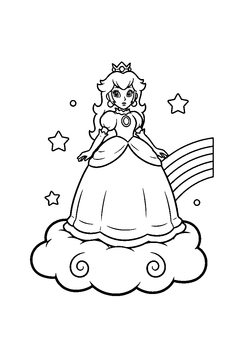 mario princess peach standing on cloud line art