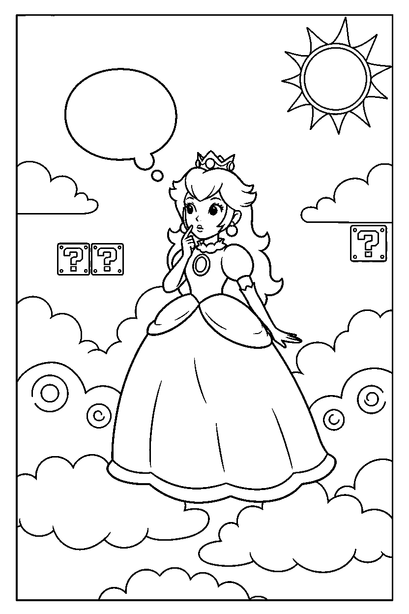 mario princess peach thinking in sky level line art