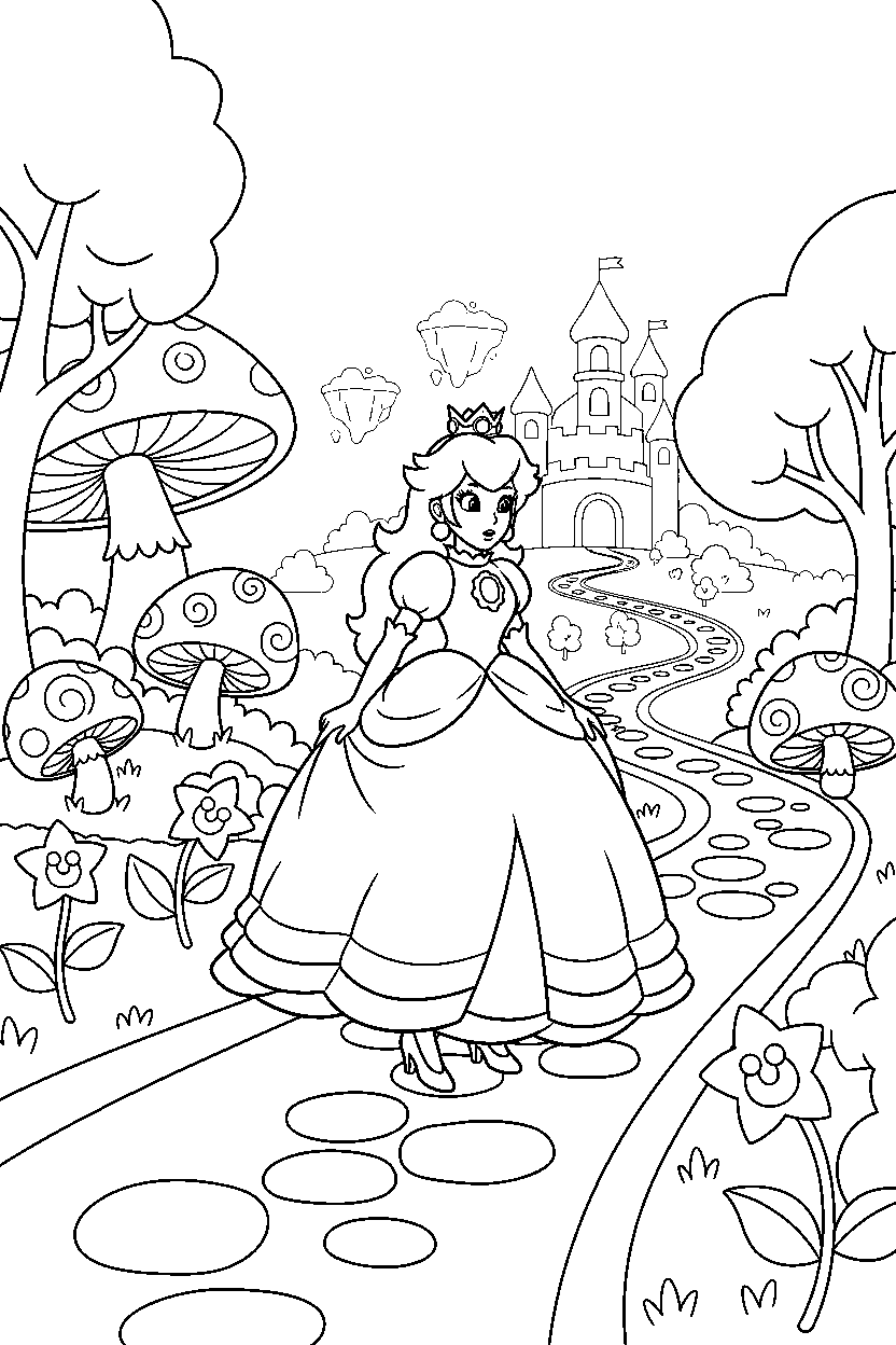 mario princess peach walking carefully in a magical world line art