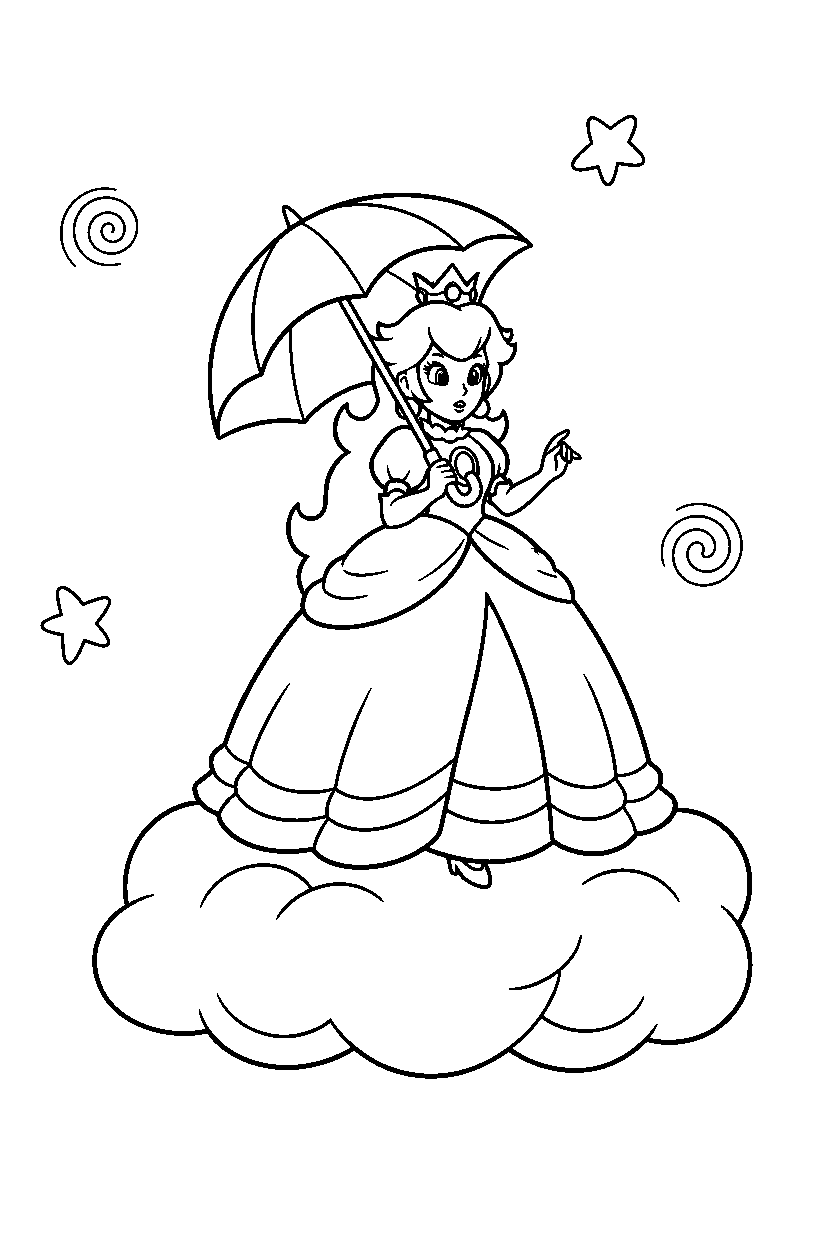 mario princess peach walking on cloud line art