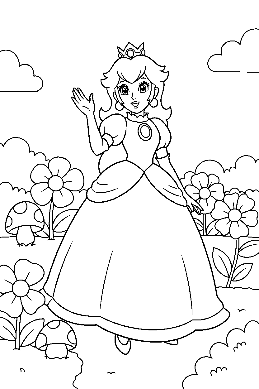 mario princess peach waving in garden line art
