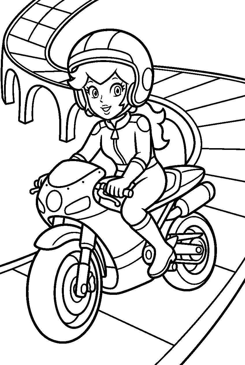 movie princess peach wearing her biker outfit on rainbow road line art