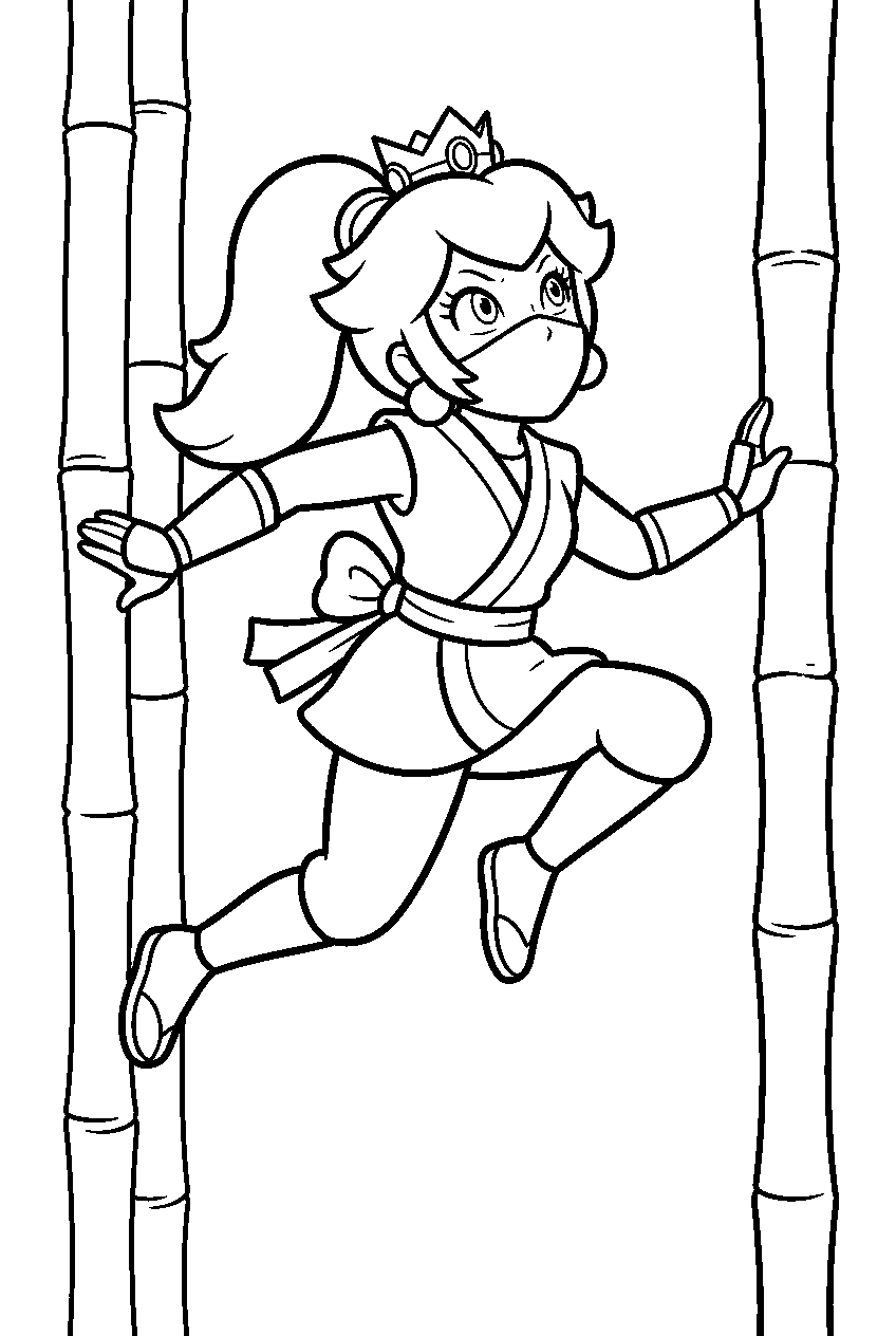 ninja peach wall jumping through a bamboo stage line art