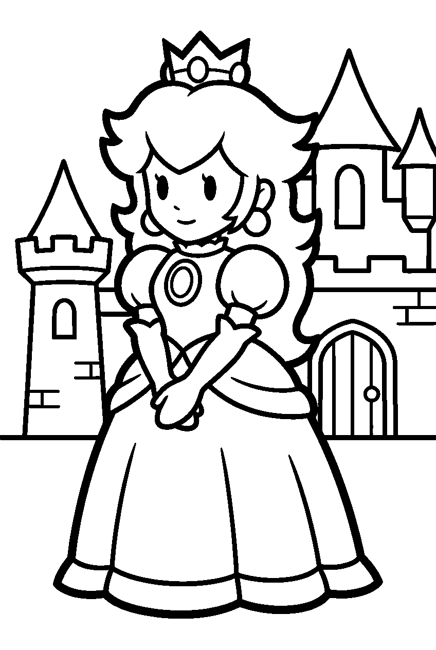 paper princess peach standing outside paper mario castle line art