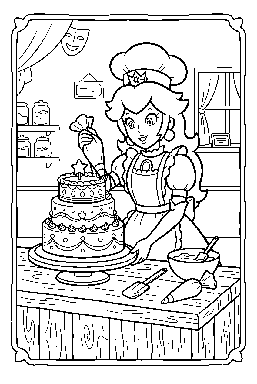 patissiere peach decorating a cake in the sparkle theater bakery line art