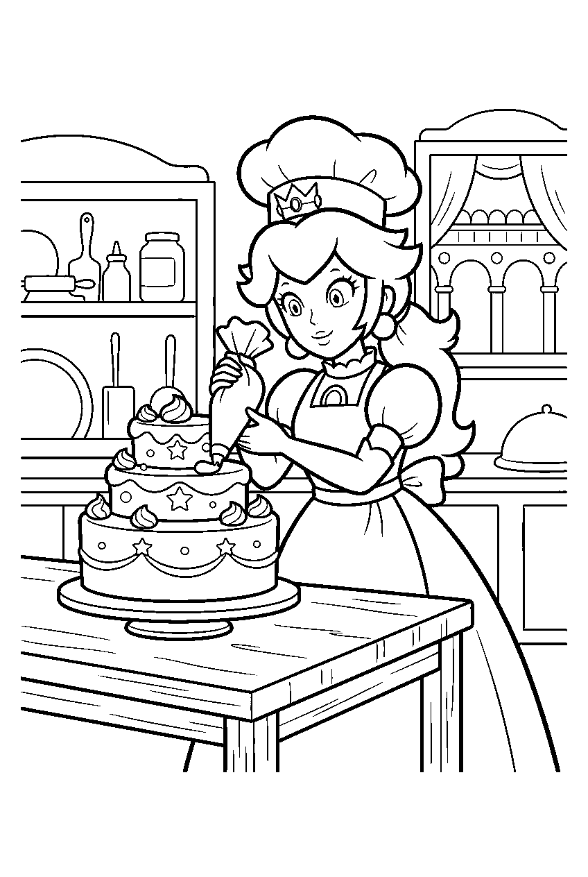 patissiere princess peach decorating a cake in the sparkle theater bakery line art