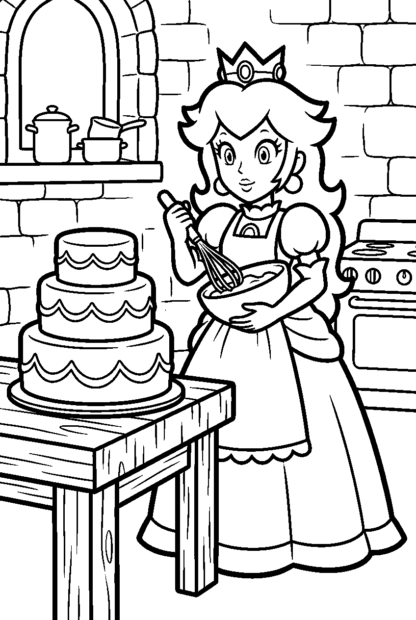 princess peach baking a cake in the castle kitchen line art