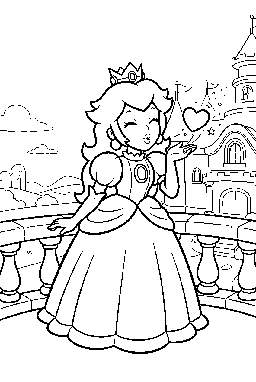 princess peach blowing a kiss with a heart on a castle balcony line art