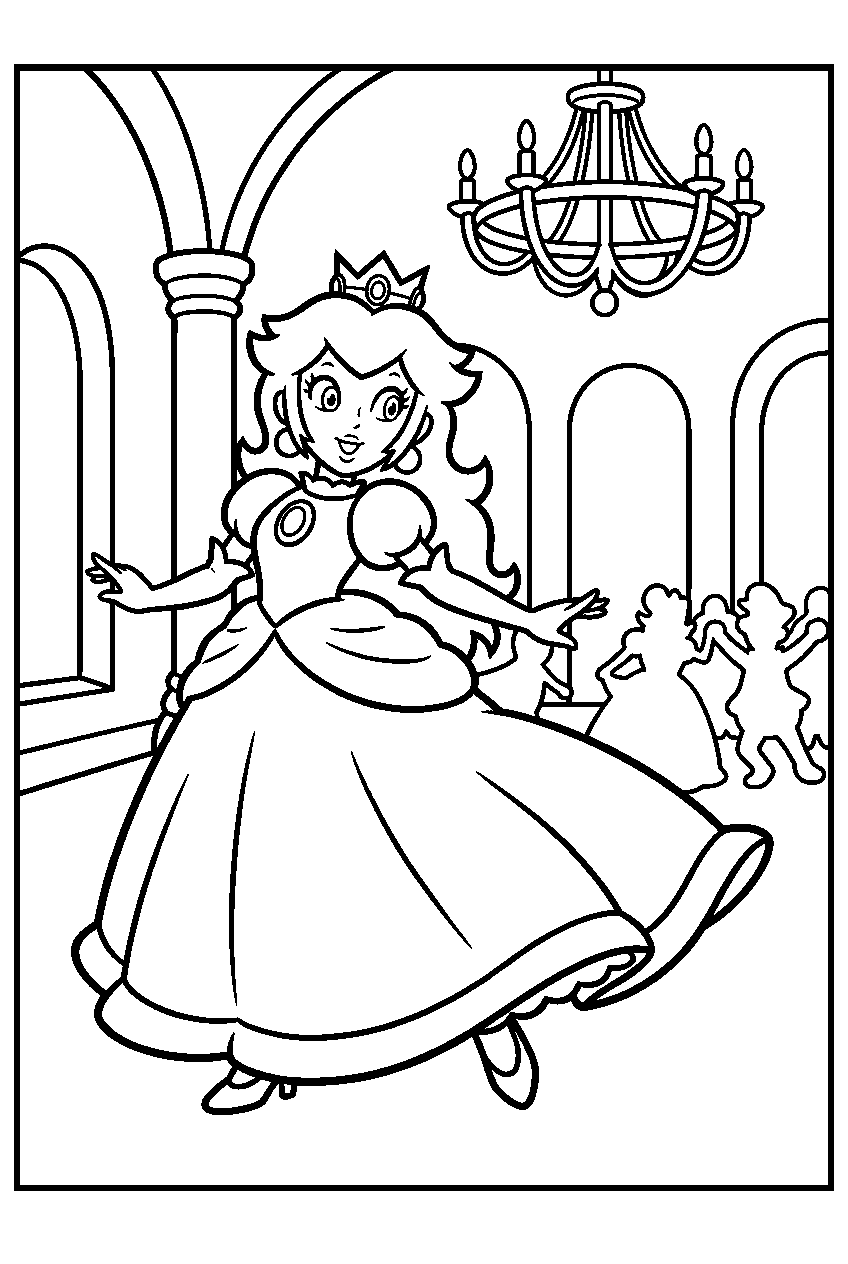 princess peach dancing at a royal ball inside peach s castle line art