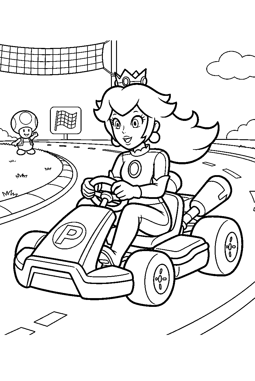 princess peach driving a mario kart on a race track line art