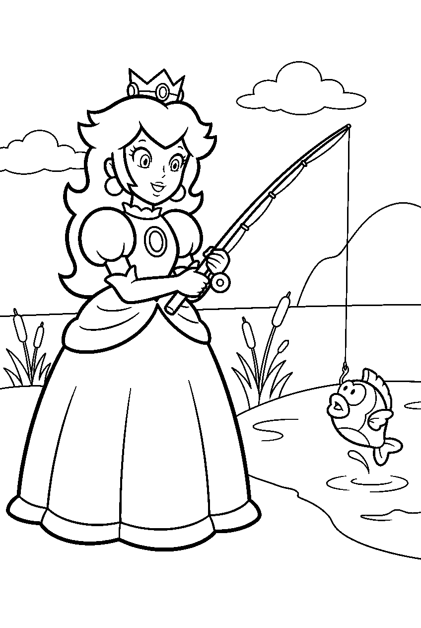 princess peach fishing and catching a cheep cheep by a lake line art