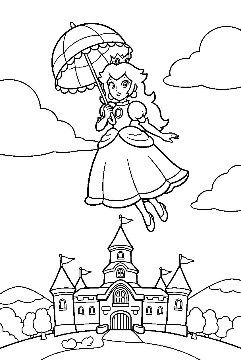 princess peach floating with a parasol above peach s castle line art