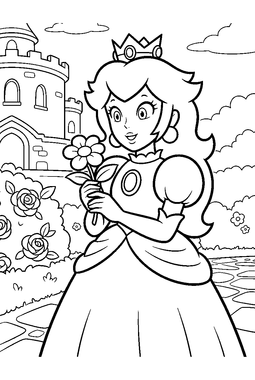 princess peach holding a flower in the castle garden line art