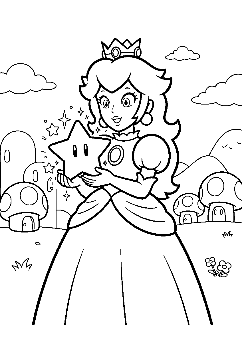 princess peach holding a power star in mushroom kingdom line art