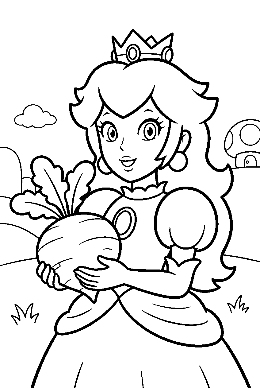 princess peach holding a turnip in mushroom kingdom line art