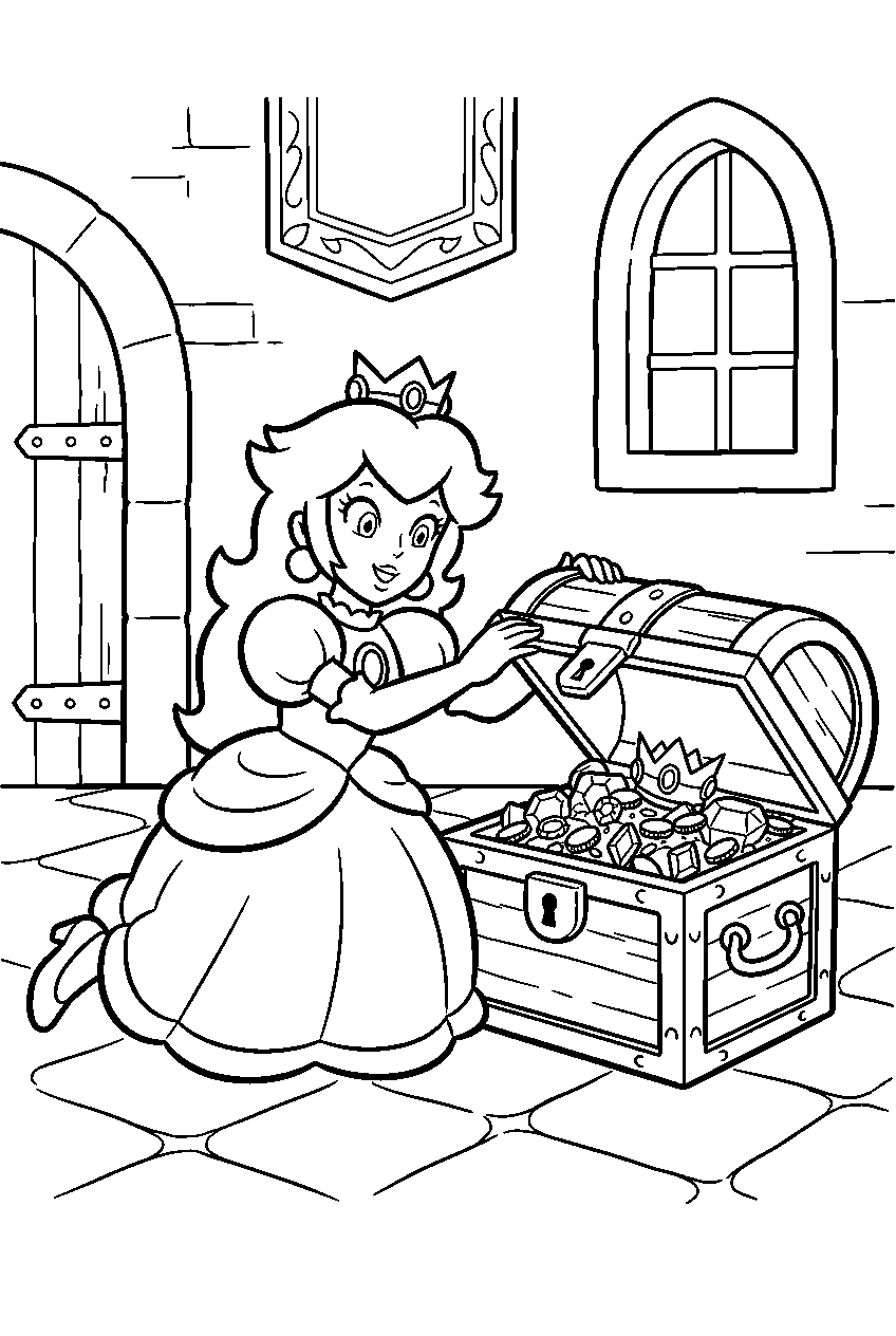 princess peach opening a treasure chest in a castle hall line art