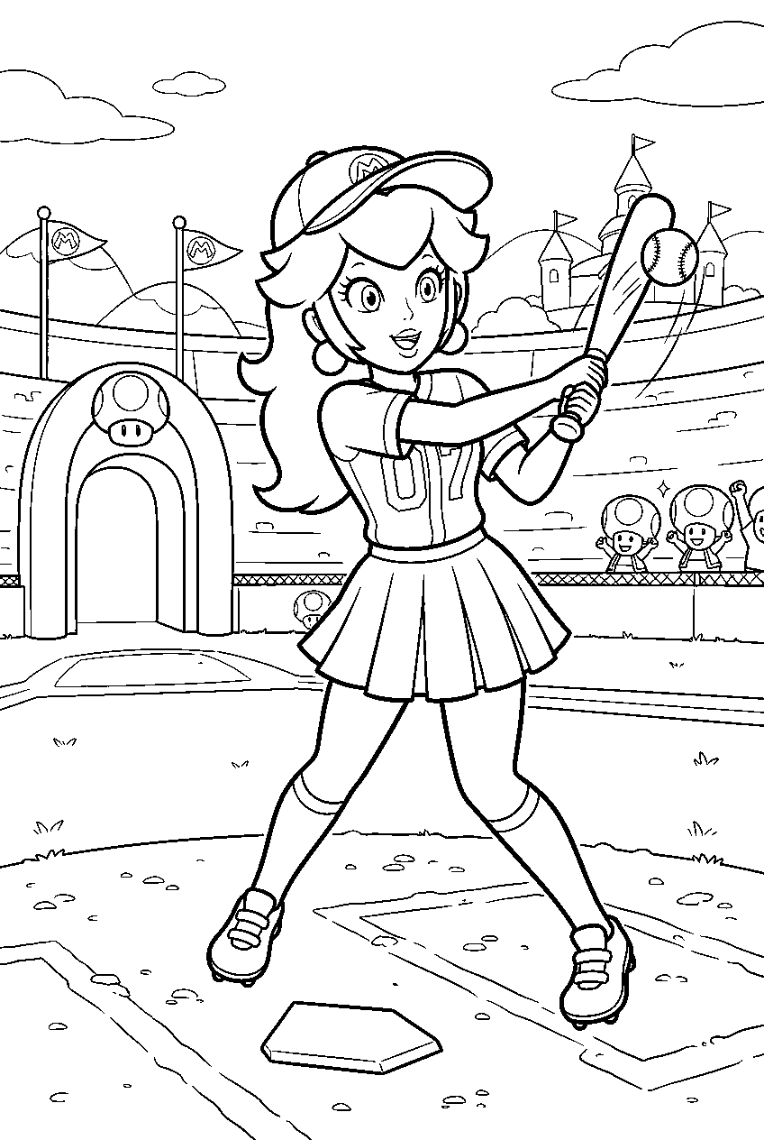princess peach playing baseball in a mario sports stadium line art
