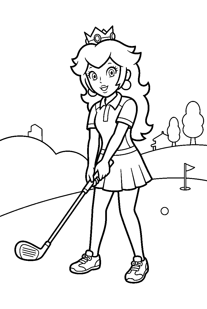 princess peach playing golf on a golf course line art