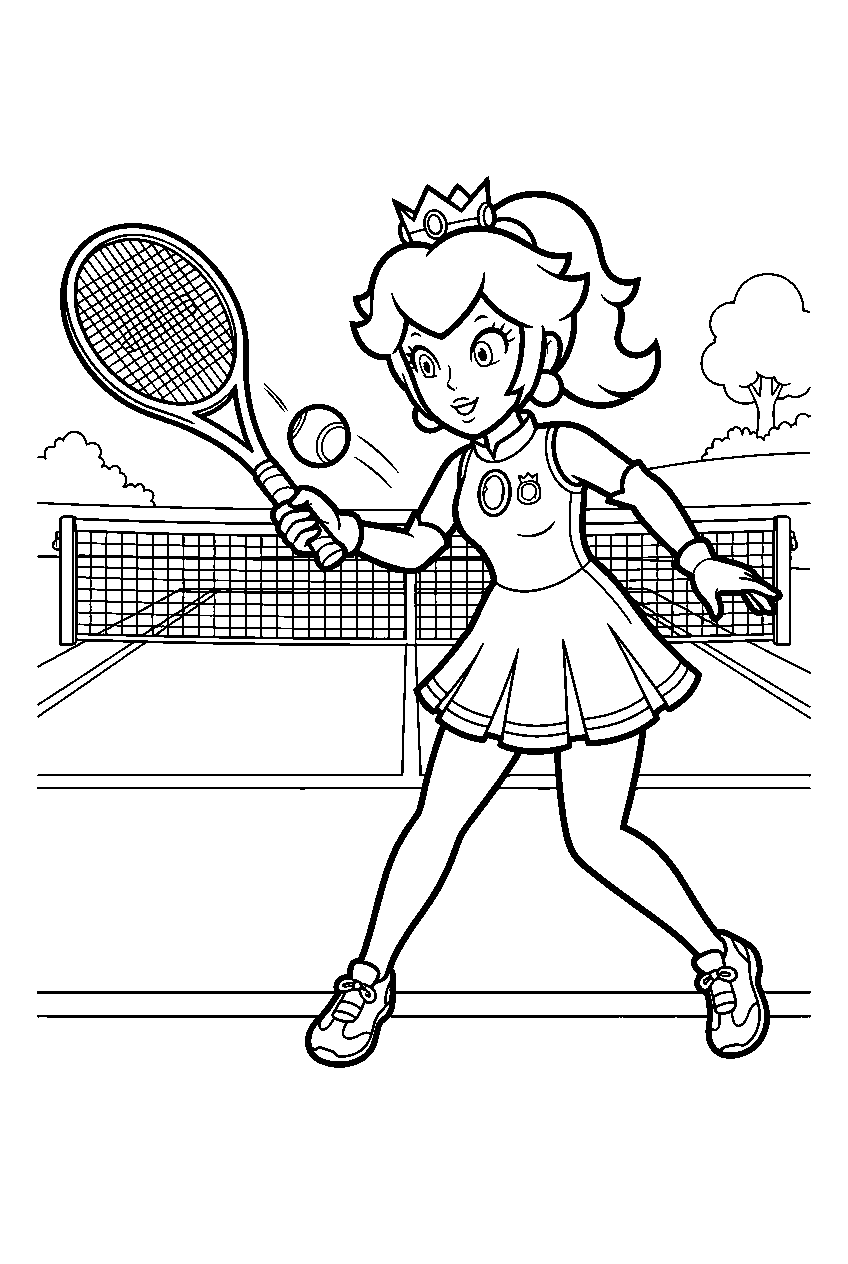 princess peach playing tennis on a tennis court line art