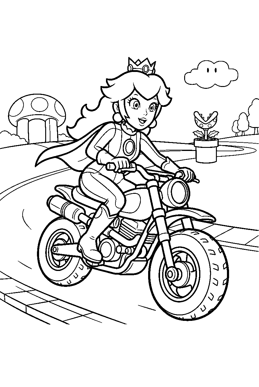 princess peach riding a motorcycle on a mario kart race track line art