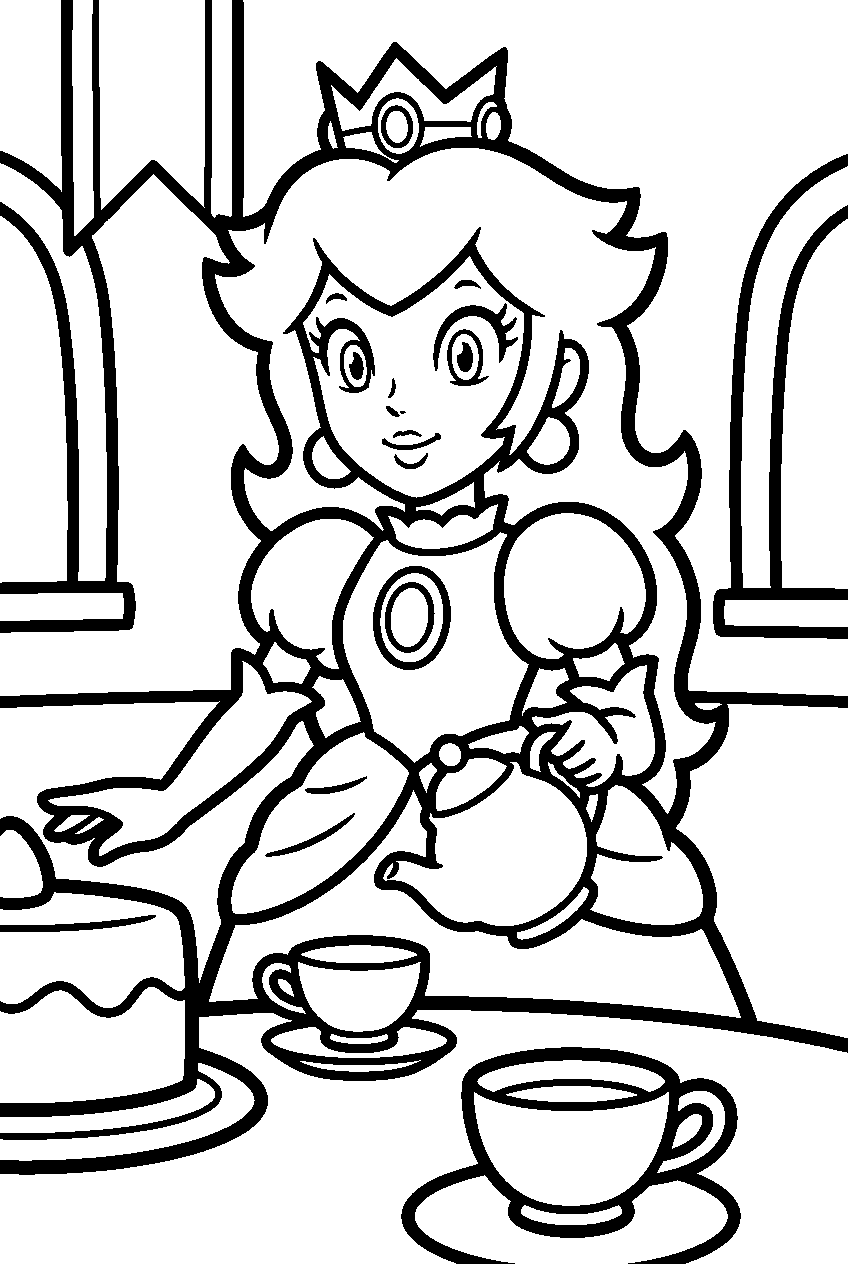 princess peach serving tea at a royal tea party in peach s castle line art