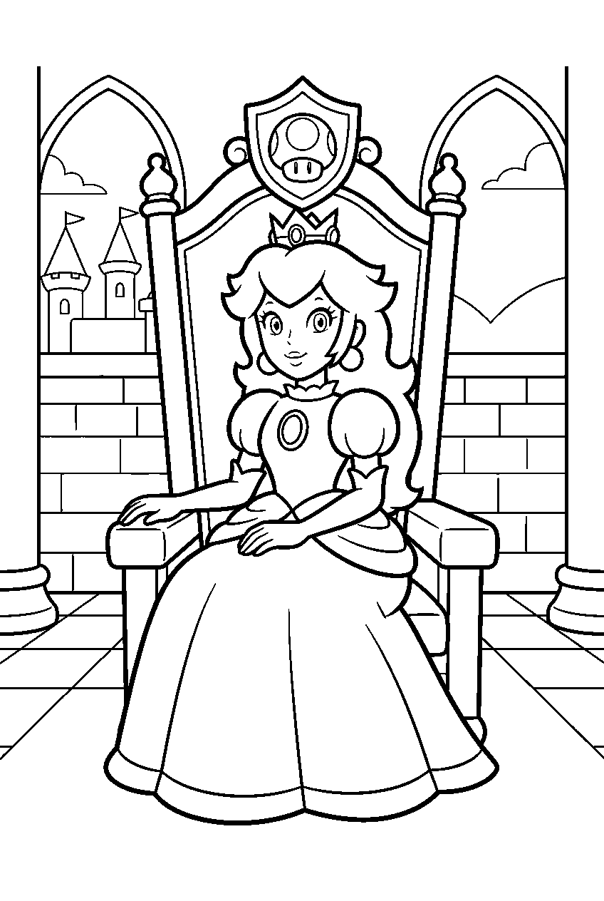 princess peach sitting on her throne inside peach s castle line art
