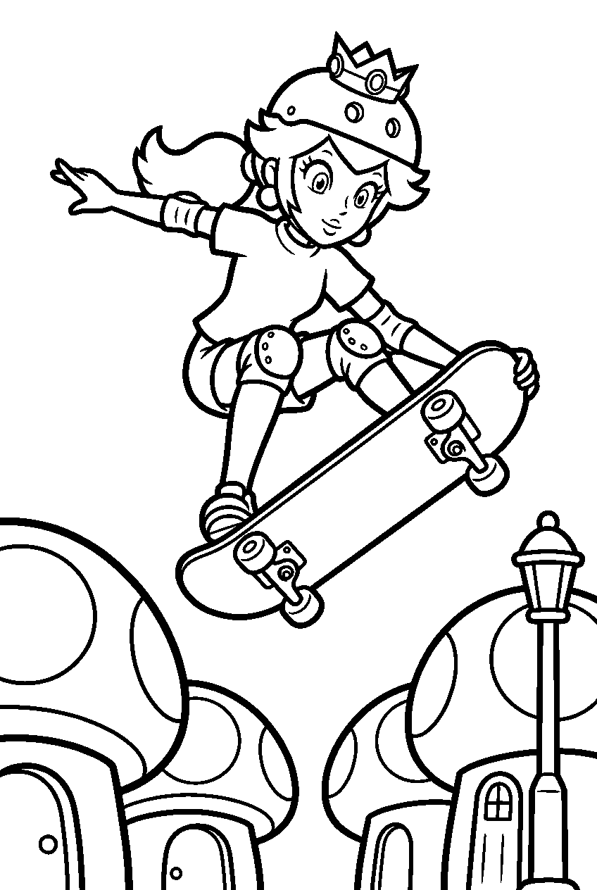 princess peach skateboarding and doing a trick in toad town line art