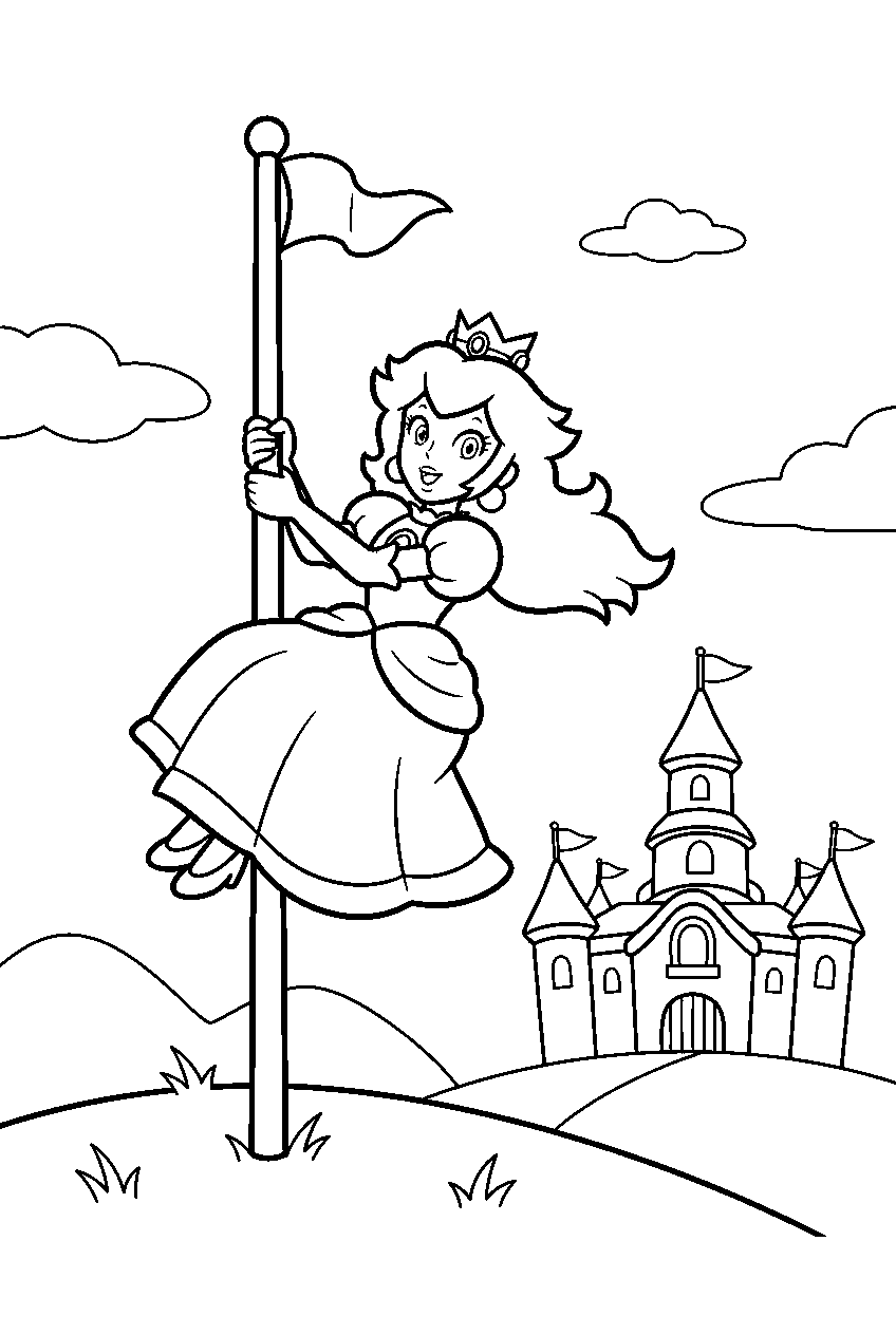 princess peach sliding down a flag pole near peach s castle line art