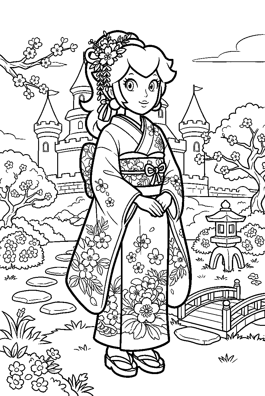 princess peach wearing a kimono in the castle garden line art