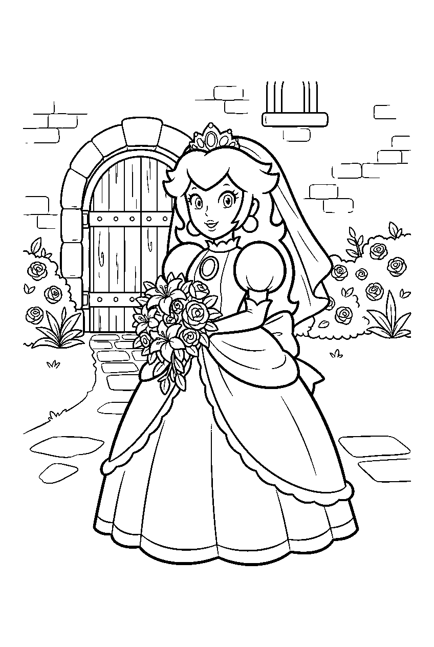 princess peach wearing a wedding dress in the castle courtyard line art