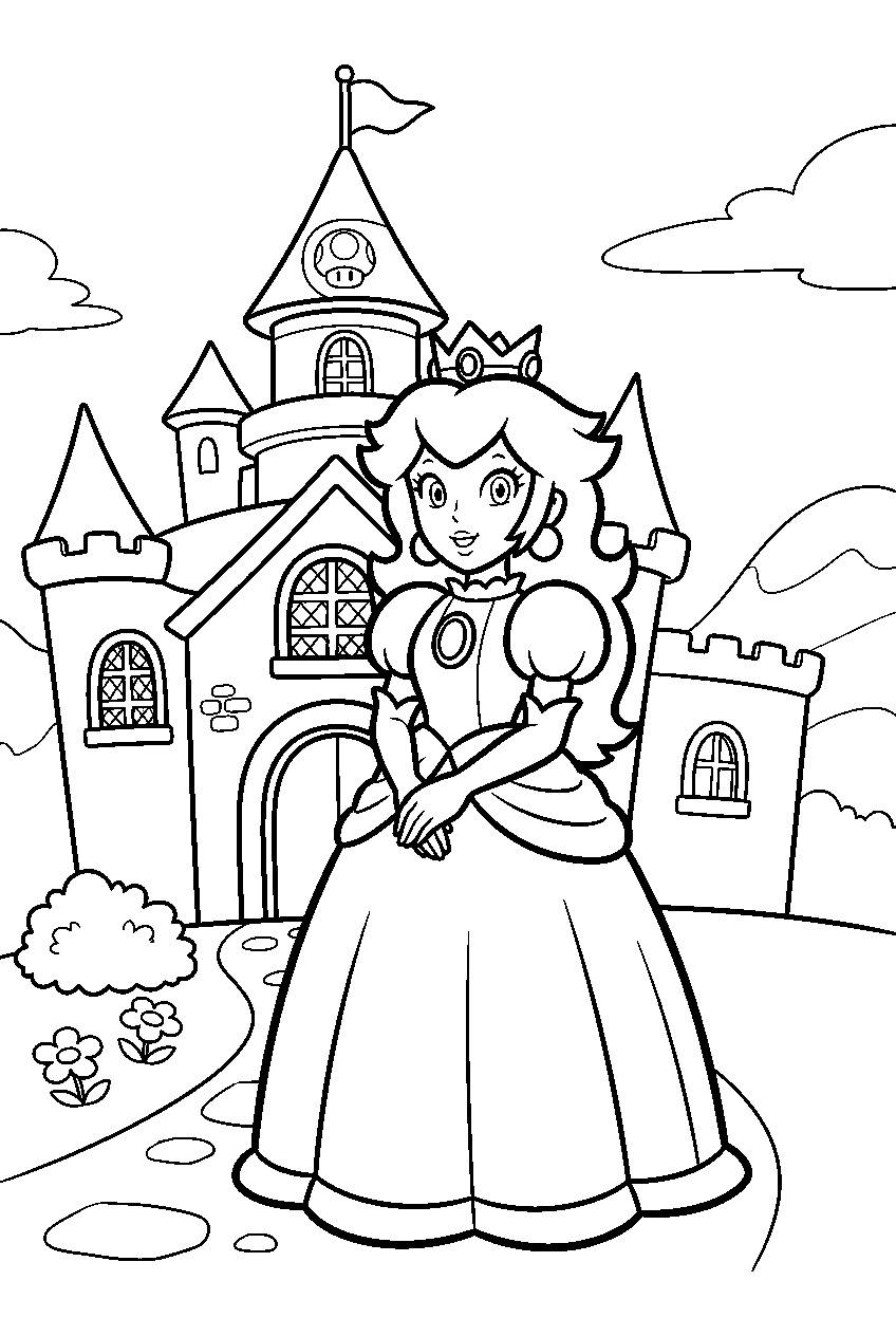 princess peach wearing her crown outside peach s castle line art