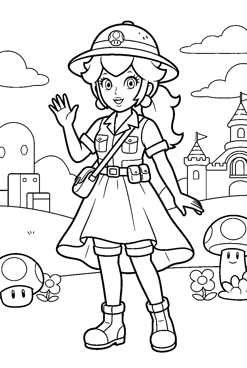 princess peach wearing her explorer outfit in mushroom kingdom line art
