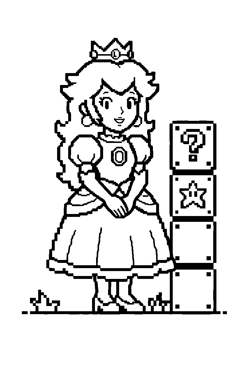 retro pixel princess peach standing beside pixel blocks line art