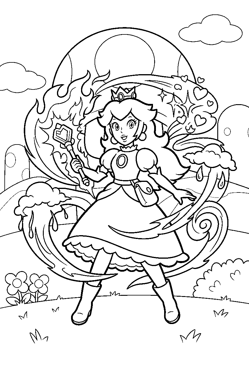 super princess peach using her vibe powers in mushroom kingdom line art