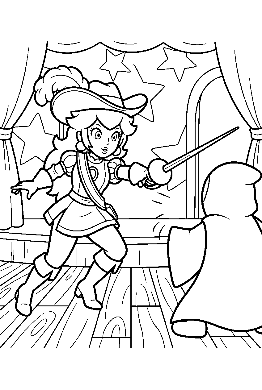 swordfighter peach fighting on a sparkle theater stage line art