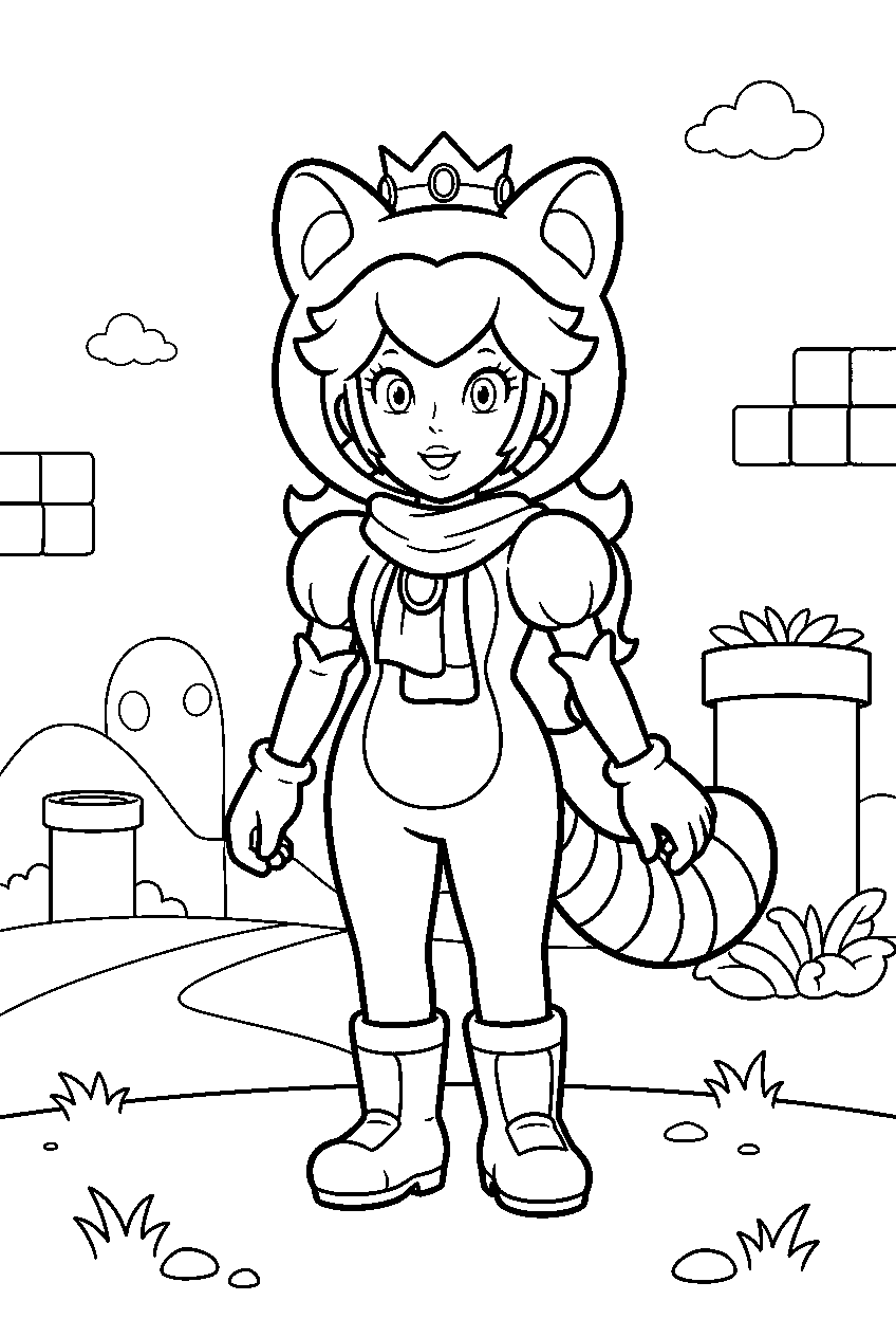 tanooki peach standing in mushroom kingdom line art
