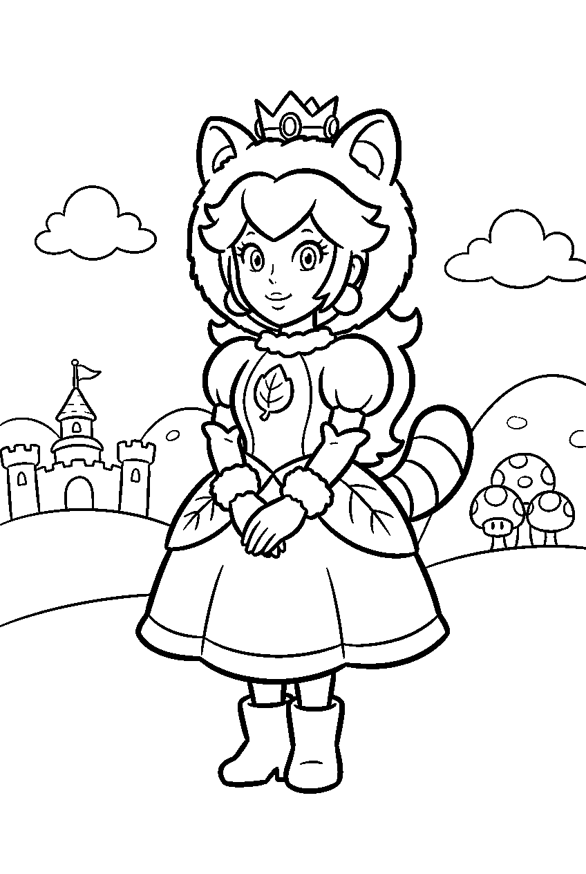 tanooki princess peach standing in mushroom kingdom line art
