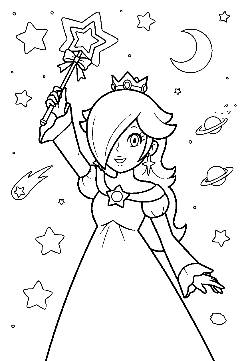 anime rosalina holding up her star wand in a galaxy line art