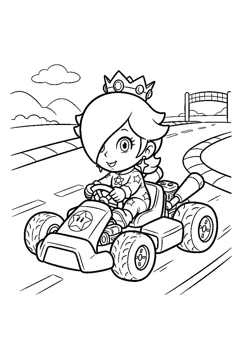 baby rosalina driving a mario kart on a racetrack line art